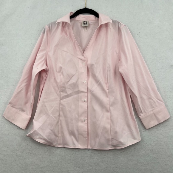 Anne Klein Women's Non-Iron Button Up Collared Blouse Pink Top Long-sleeve Sz M - Picture 1 of 7